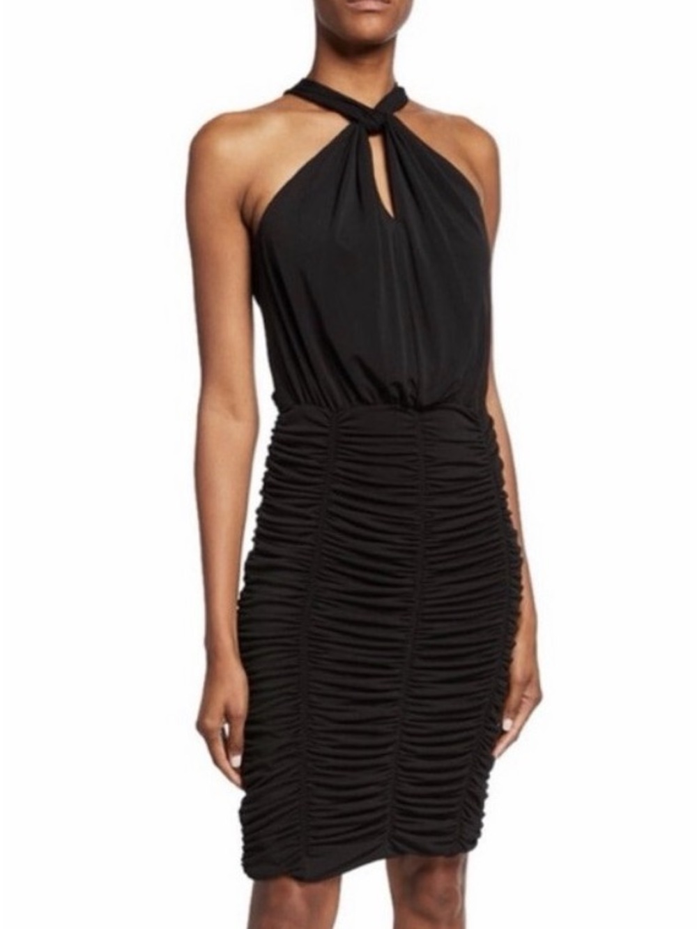 Kobi Halperin Via Knee Length Dress Size M Black Ruched Cocktail Evening